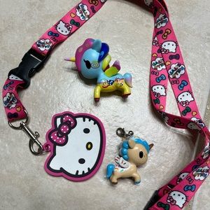 Hello Kitty Lanyard, Tokidoki Unicorno Kinoko and  Donutella Dolce, HK keychain